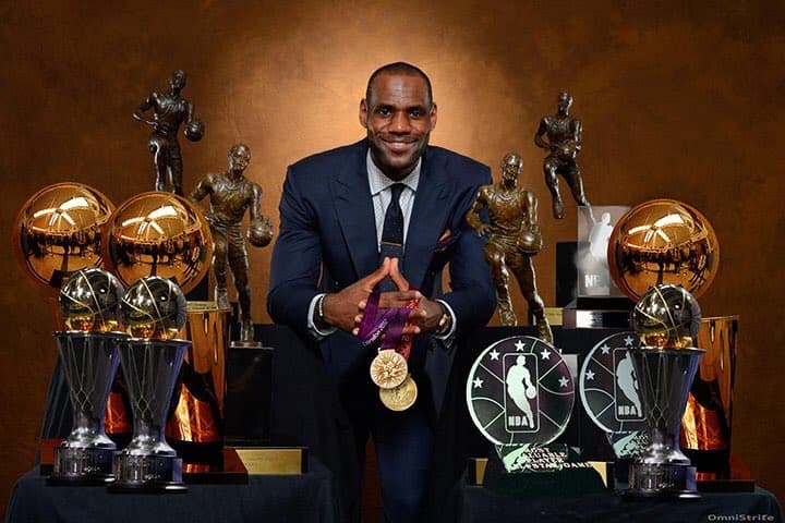 LeBron James with all of his NBA trophies.